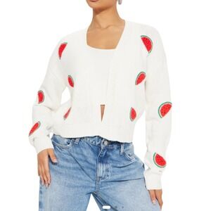 Moon & Madison Watermelon Cardigan Womens XS White Knit Fruit Pattern Open Front